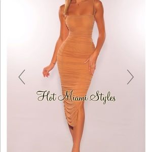 Coffee Ruched Slit Midi Dress